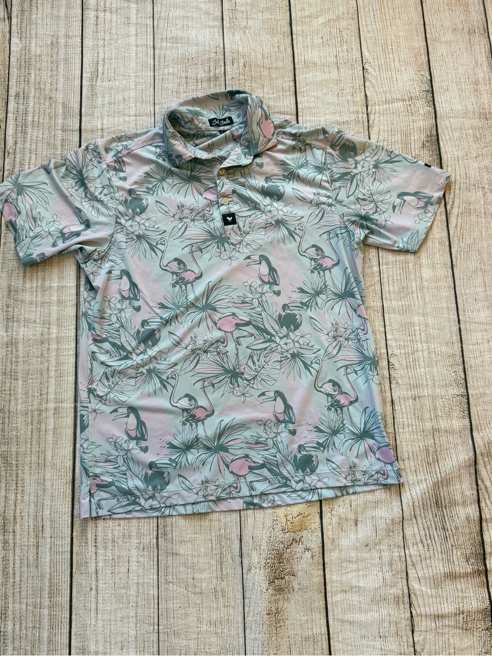 Bad Birdie Polo Shirt Men's Small Flamingo Print Pink Floral Performance Golf
